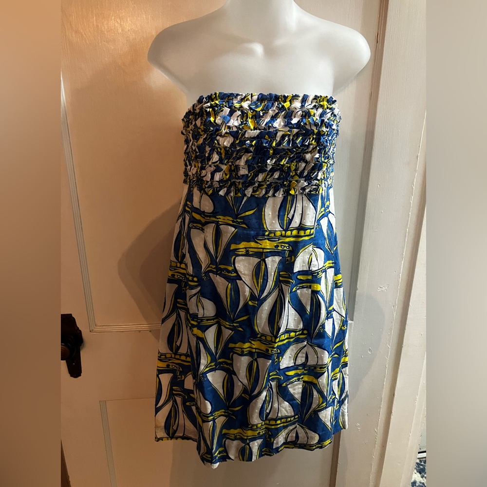 Vintage Lilly Pulitzer Blue and White Strapless Dress